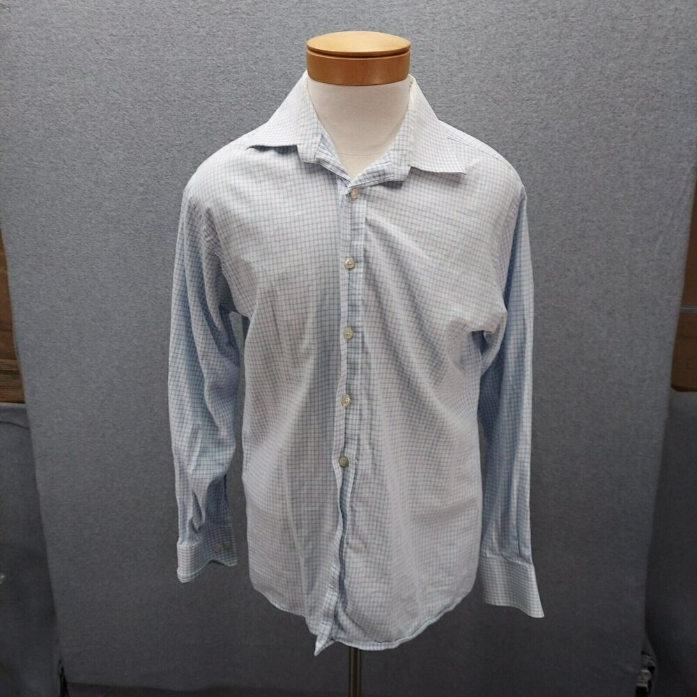 Michael Kors Mens Dress Shirt 17.5 XL Button Up Long Sleeve White Blue Plaid